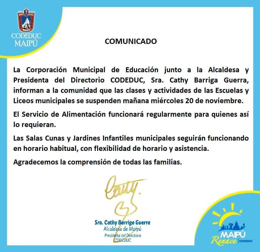 SUSPENDEN CLASES PARA ESTE MIERCOLES